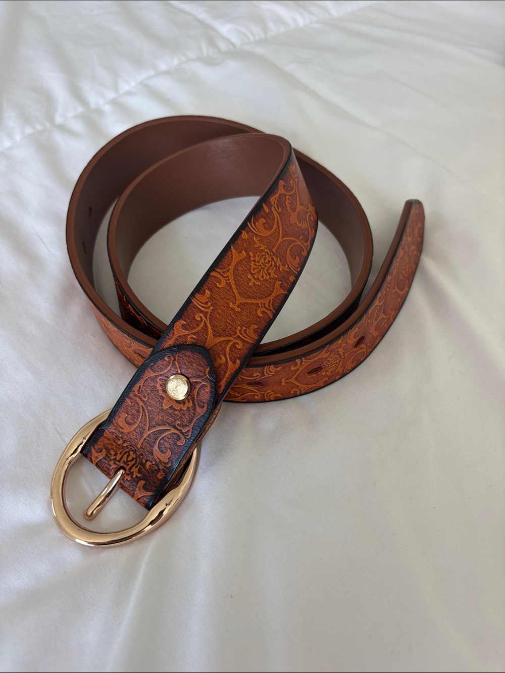 Brown Floral-Embossed Belt with Oval Buckle